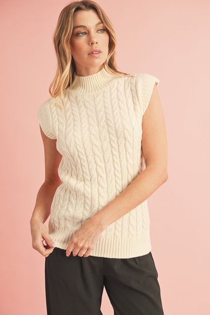 Oatmeal Ribbed Trim High Neck Cable Knit Sweater Vest