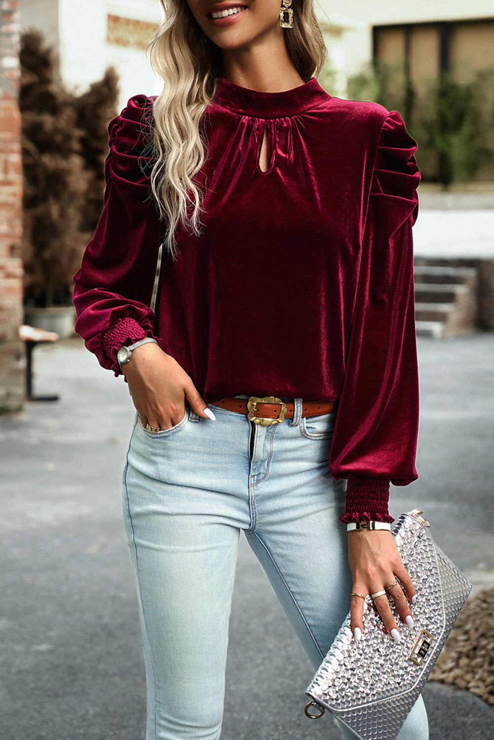 Keyhole Neck Puff Sleeve Velvet Blouse