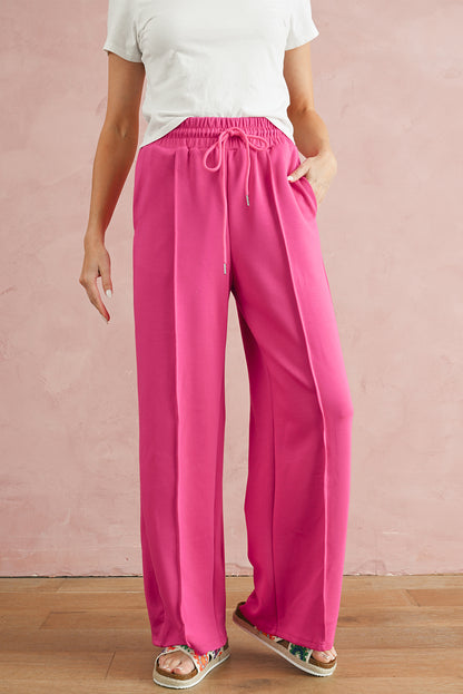 Rose Red Drawstring Smocked Waist Wide Leg Pants