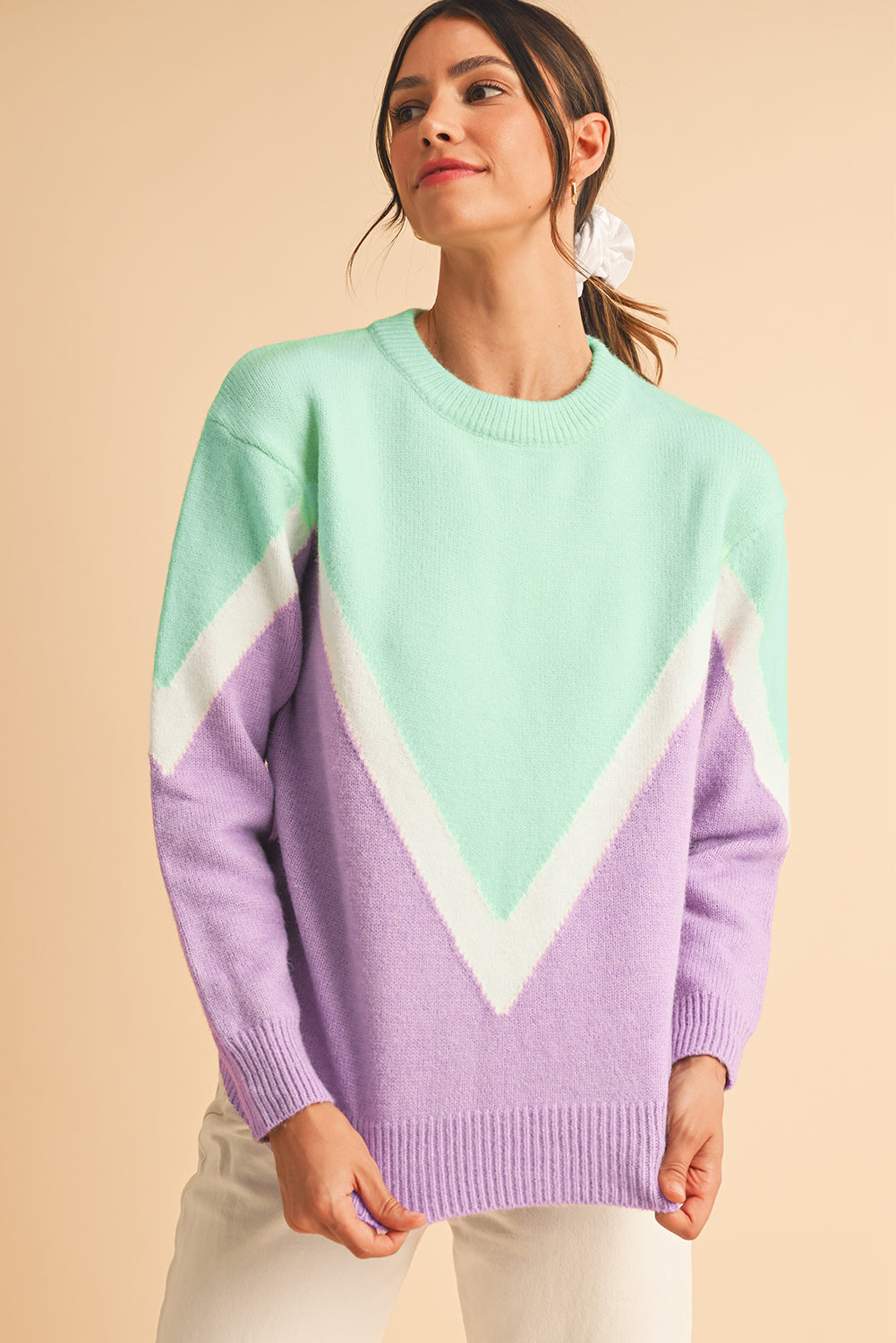 Green Chevron Colorblock Ribbed Knit Drop Shoulder Sweater