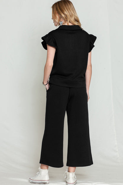 Textured Ruffle Cap Sleeve Top and Wide Leg Pants Set