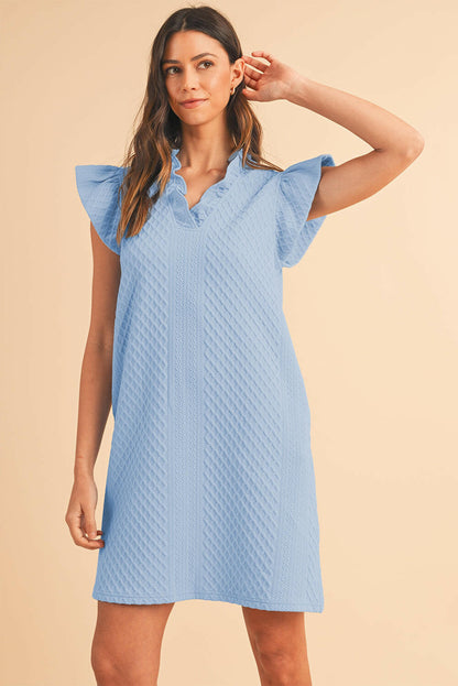 Light Blue Textured Puff Sleeve Ruffled V Neck Mini Dress.