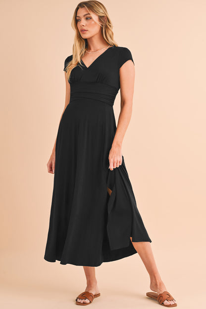 Deep V Neck Ruched High Waist Midi Dress