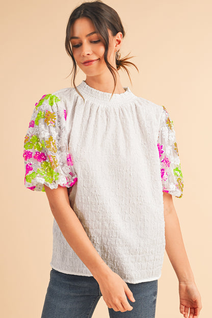 White Smocked Neck Sequin Flower Puff Sleeve Textured Top