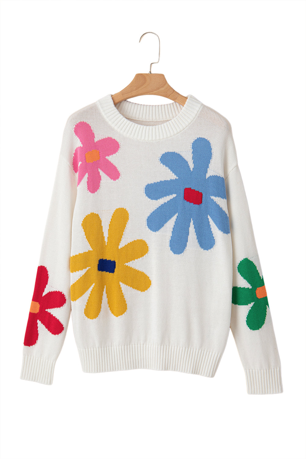 Colorful Flower Pattern Crewneck Knitted Sweater