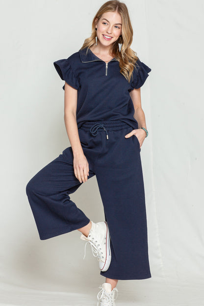 Textured Ruffle Cap Sleeve Top and Wide Leg Pants Set