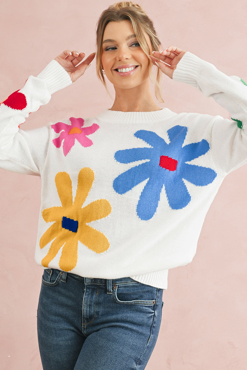 Colorful Flower Pattern Crewneck Knitted Sweater