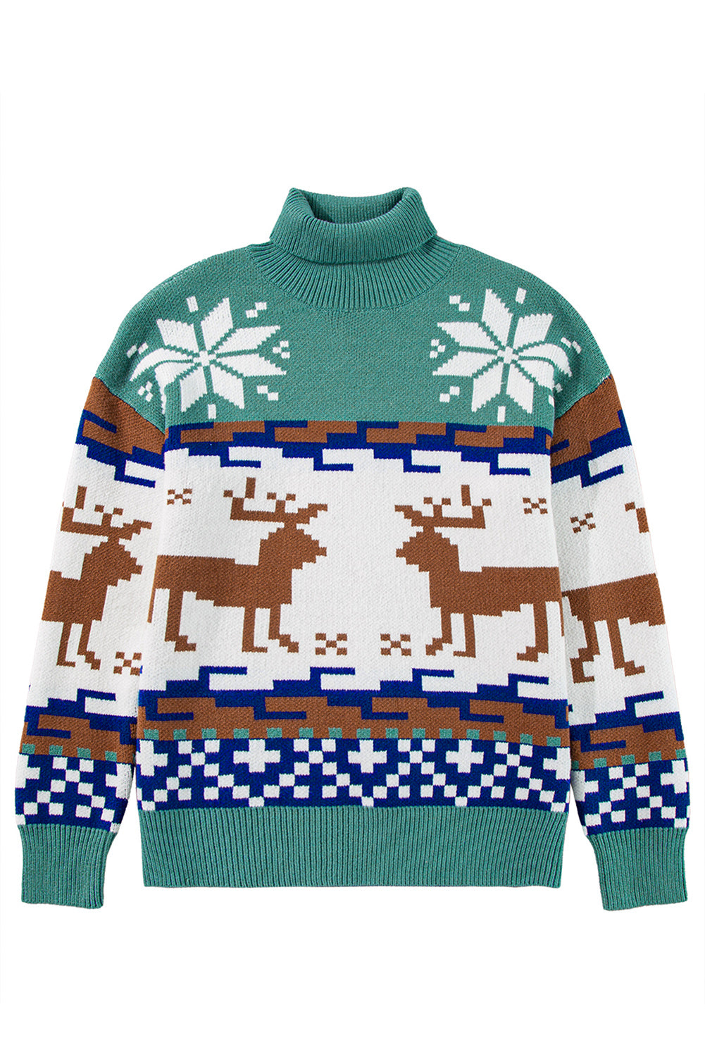 Canton Christmas Reindeer Snowflake Colorblock Turtleneck Sweater