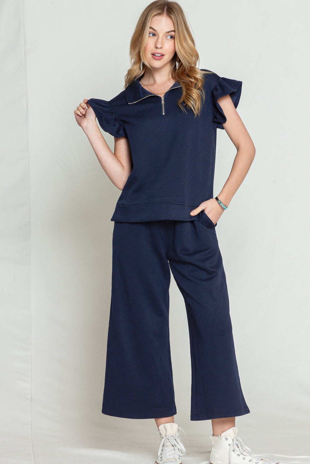 Textured Ruffle Cap Sleeve Top and Wide Leg Pants Set