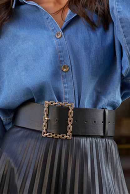 Black Square Buckle Faux Leather Belt