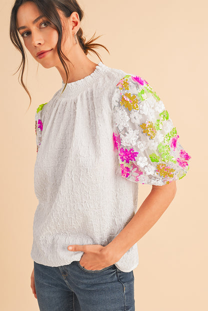 White Smocked Neck Sequin Flower Puff Sleeve Textured Top