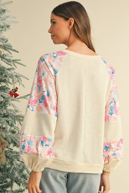 Crinkle Rib Floral Patchwork Balloon Sleeve Top