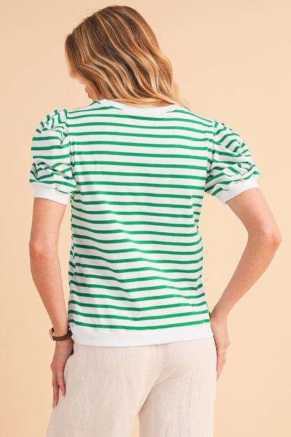 Green Stripe Puff Short Sleeve Contrast Trim T Shirt