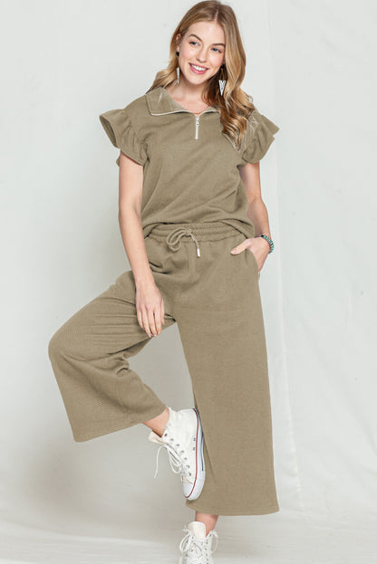 Textured Ruffle Cap Sleeve Top and Wide Leg Pants Set