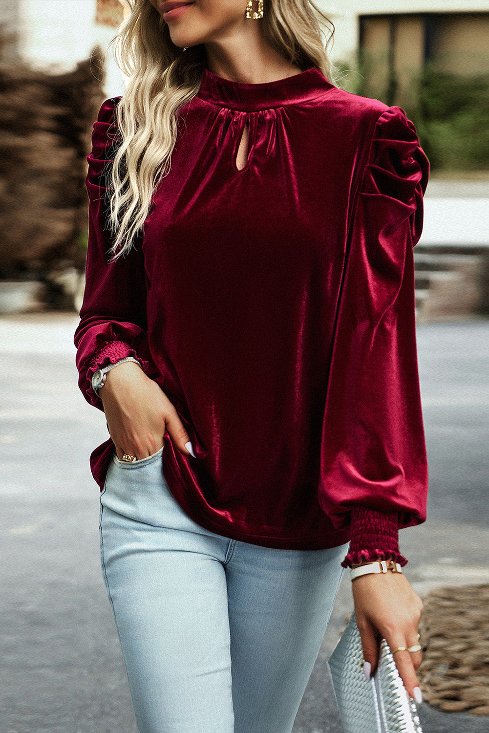 Keyhole Neck Puff Sleeve Velvet Blouse