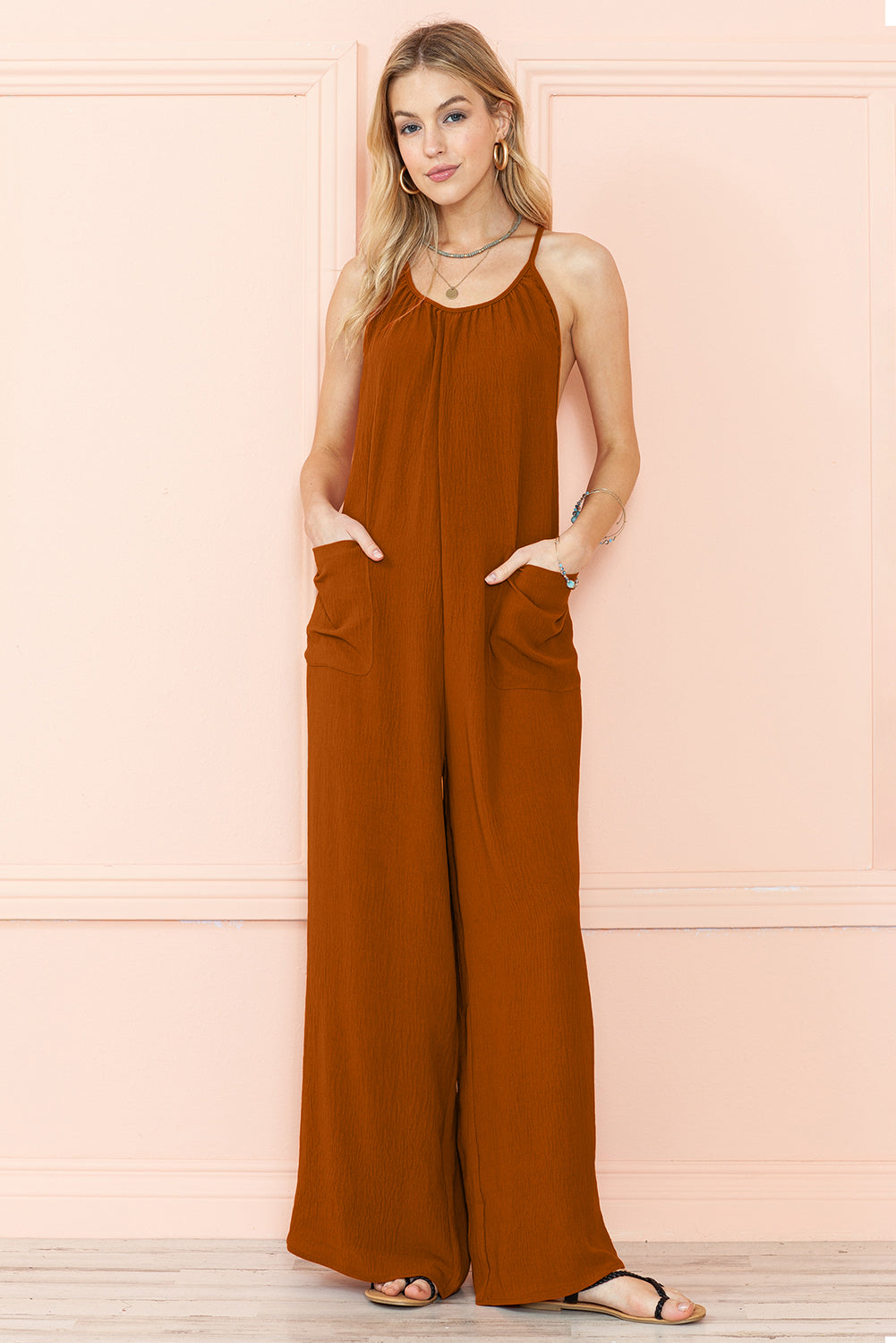 Apricot Spaghetti Straps Waist Tie Pocketed Wide Leg Jumpsuit