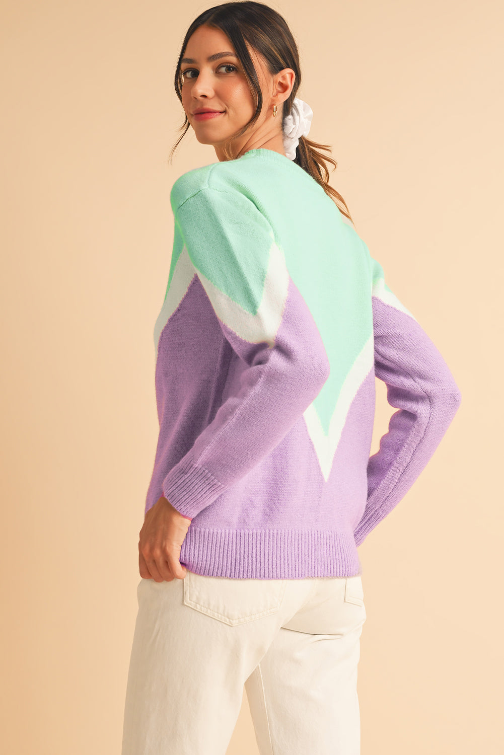 Green Chevron Colorblock Ribbed Knit Drop Shoulder Sweater