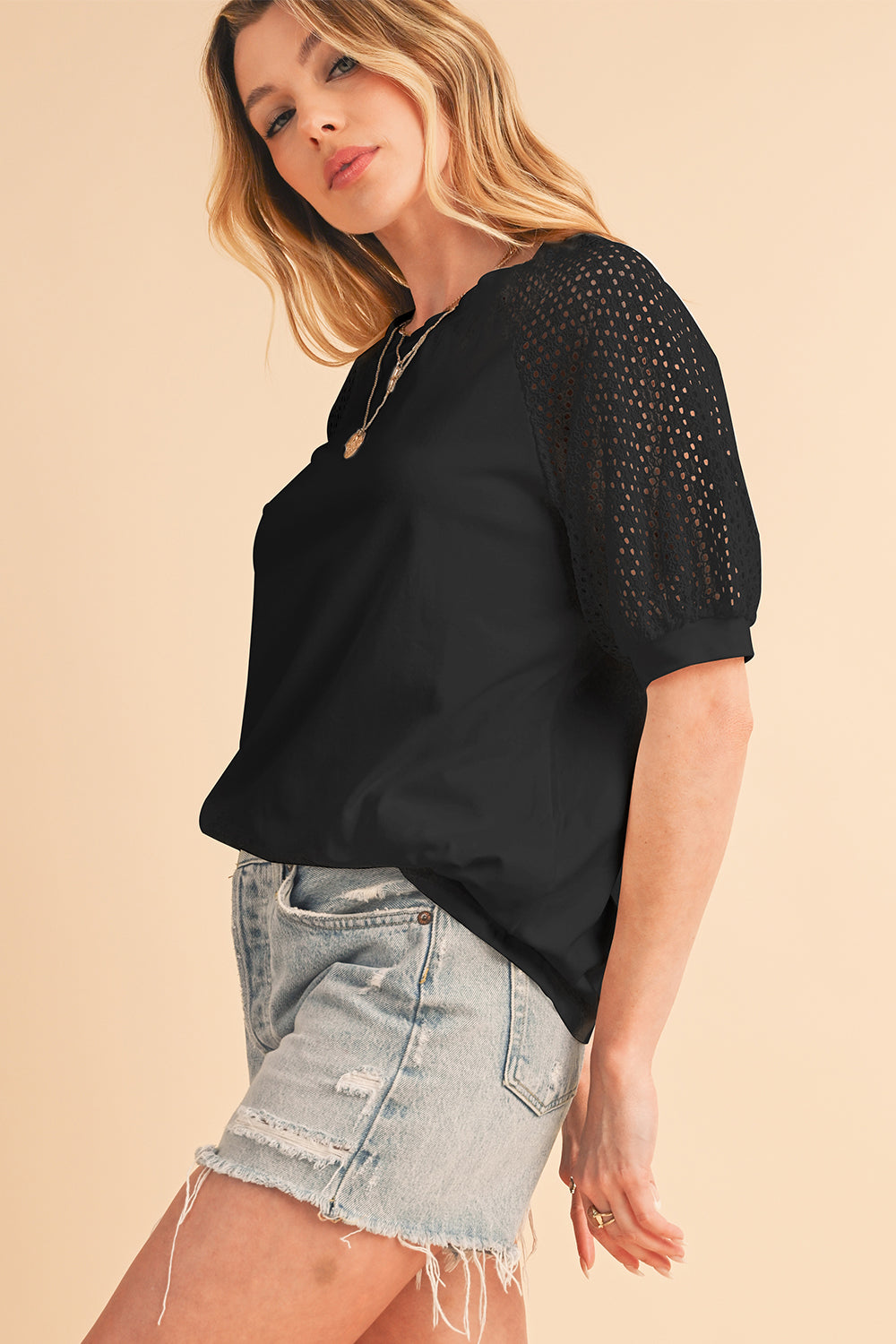 Black Pointelle Lace Sleeve Loose Round Neck Tee