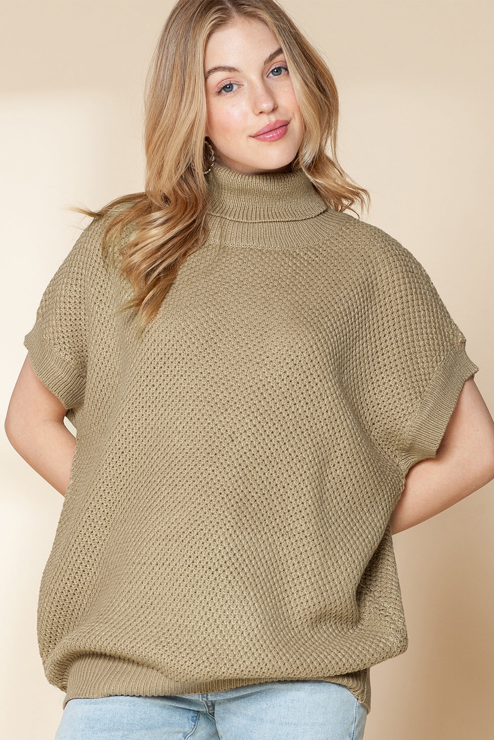 Ribbed Turtleneck Textured Short Sleeve Sweater