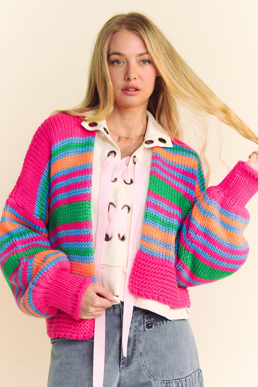 Rose Striped Puff Sleeve Open Front Cardigan