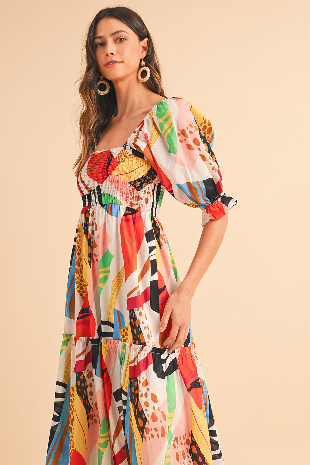 Square Neck Smocked Abstract Print Boho Maxi Dress