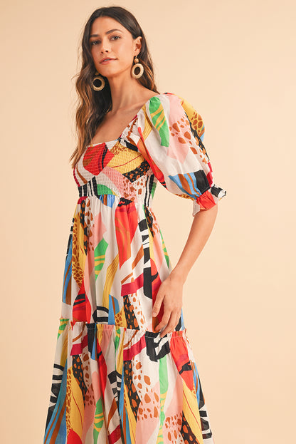 Square Neck Smocked Abstract Print Boho Maxi Dress