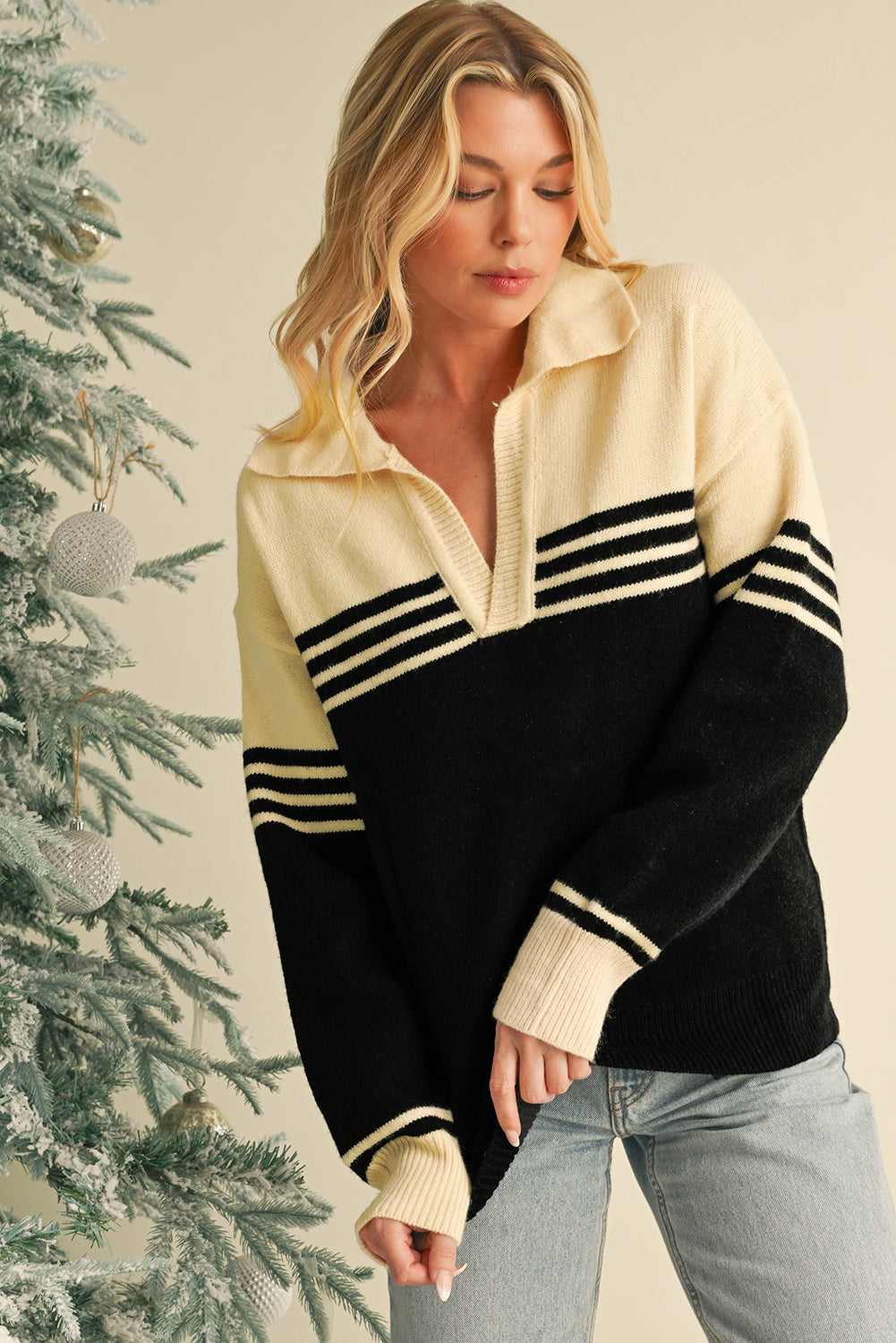 Black Colorblock Stripe Collared V Neck Sweater