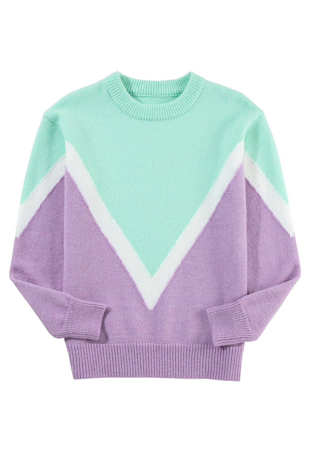 Green Chevron Colorblock Ribbed Knit Drop Shoulder Sweater