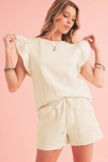 Textured Ruffle Sleeve Tee and Drawstring Shorts Set