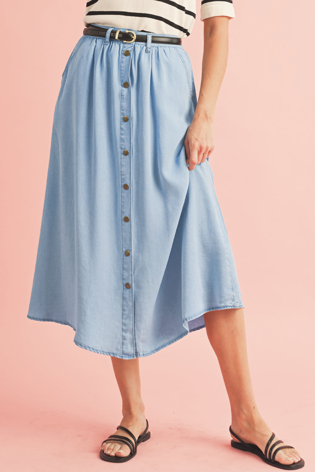 Mist Blue Fully Buttoned Long Denim Skirt