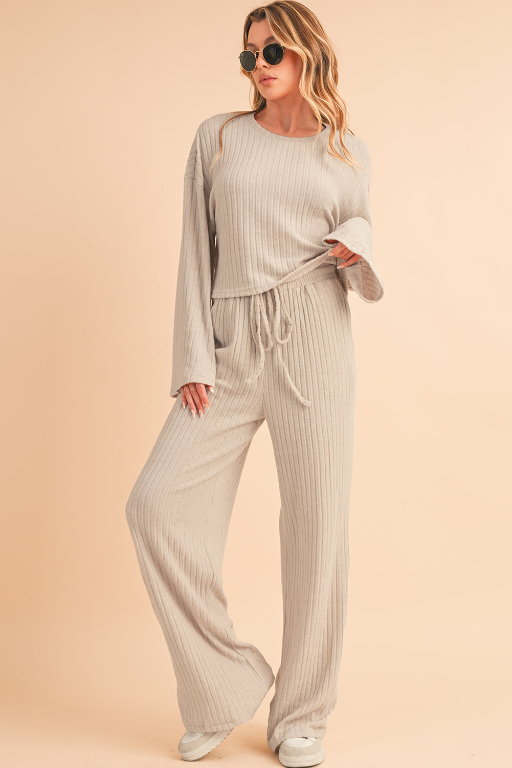 Khaki Ribbed Long Sleeve Crop Top & Drawstring Pants Set