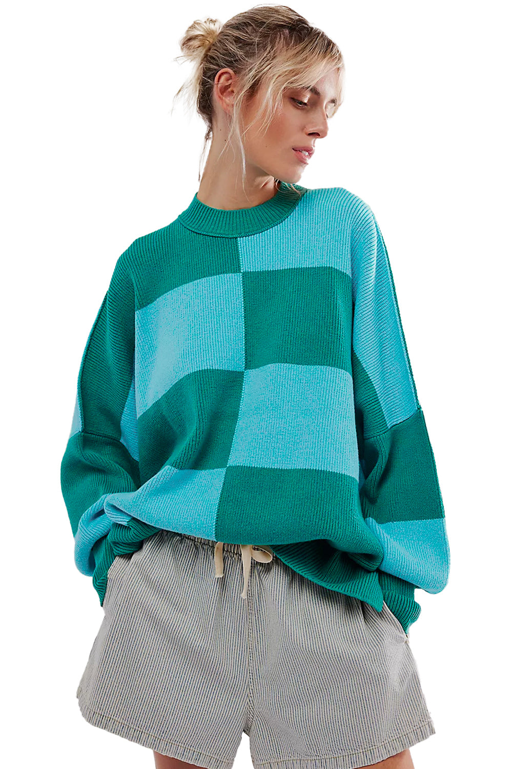 Checkered Side Slits Drop Shoulder Oversized Sweater