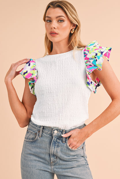 White Abstract Print Puff Sleeve Textured Top