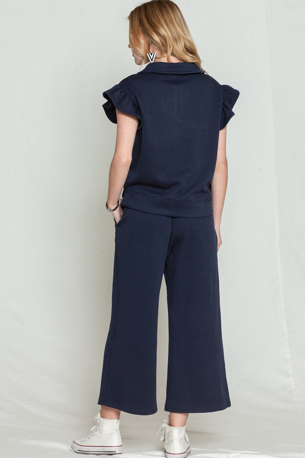 Textured Ruffle Cap Sleeve Top and Wide Leg Pants Set