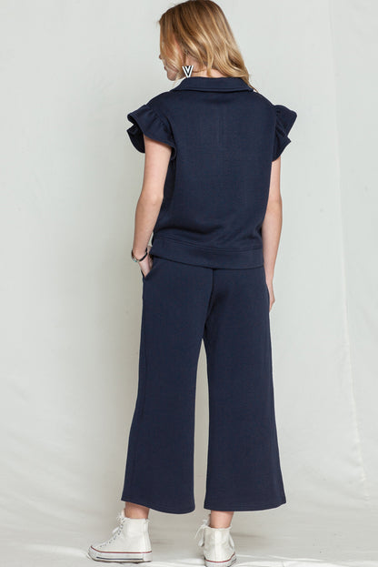 Textured Ruffle Cap Sleeve Top and Wide Leg Pants Set