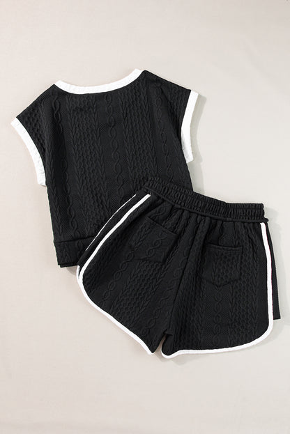 Textured Contrast Trim Tee & Drawstring Shorts Set