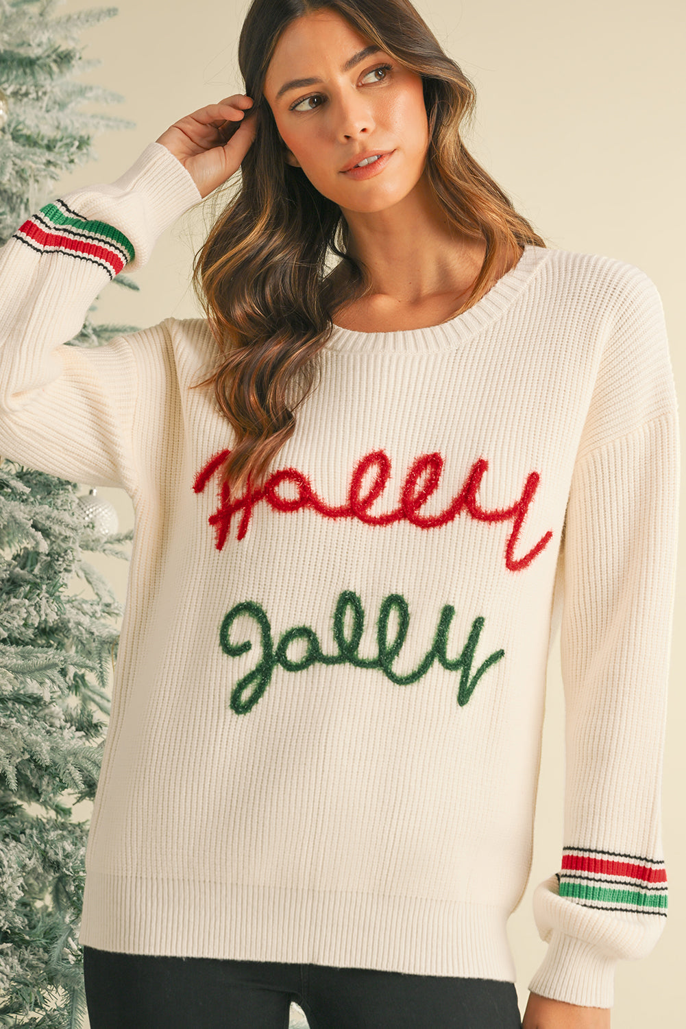 Tinsel Holly Jolly Graphic Round Neck Sweater