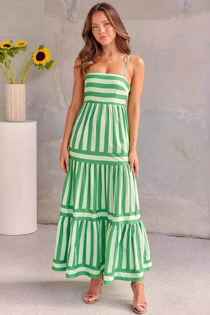 Green Striped Spaghetti Strap Smocked Tiered Dress