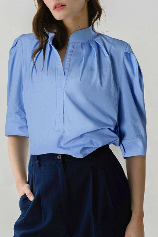 Sky Blue Solid Color Puff Short Sleeve Pleated Blouse.