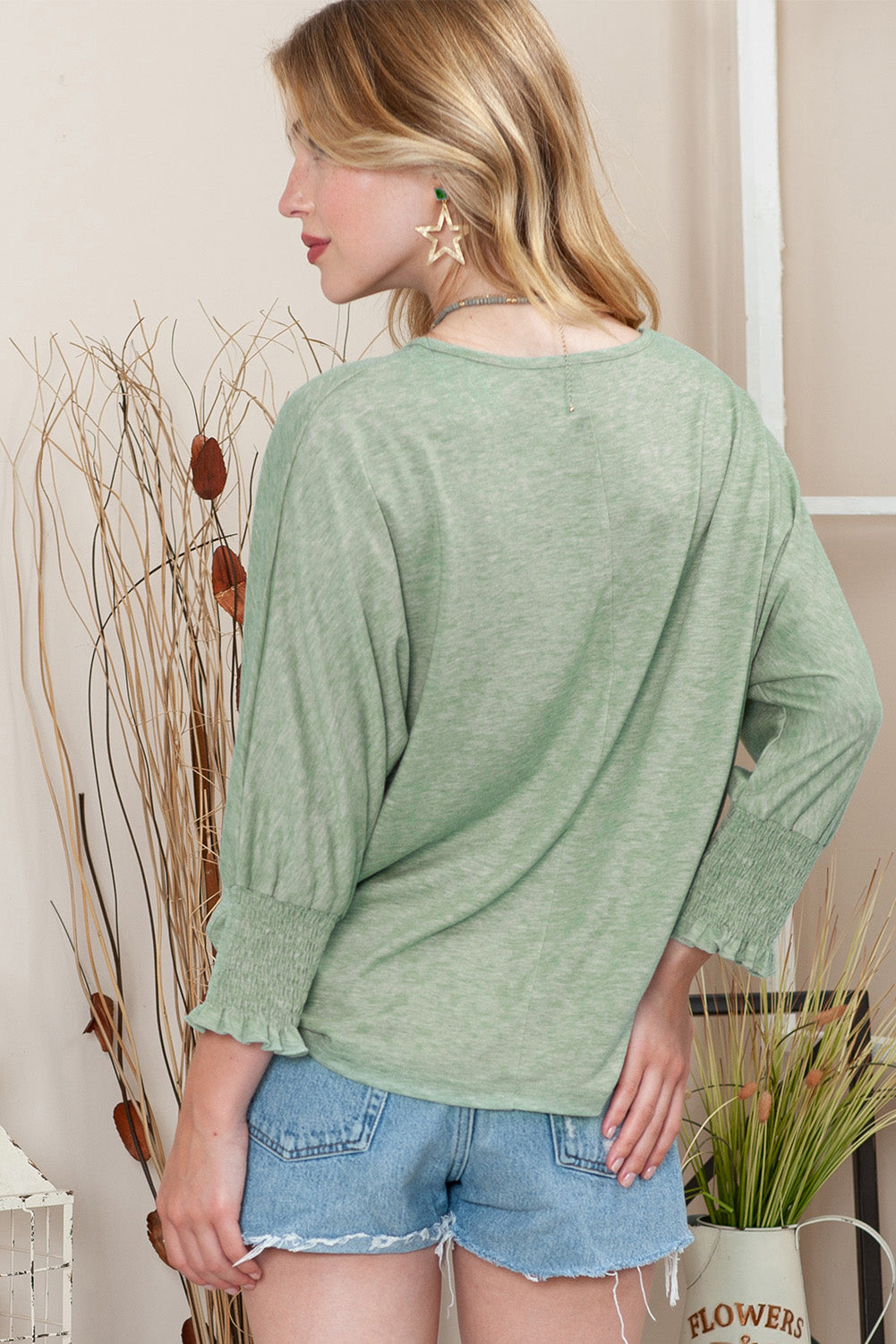 Plain Smocked 3/4 Sleeve Casual Loose T Shirt