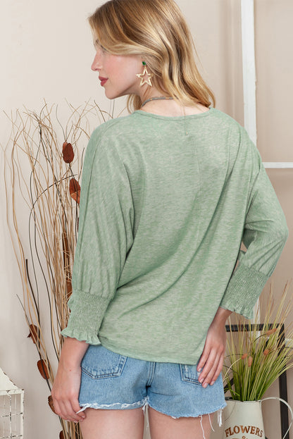 Plain Smocked 3/4 Sleeve Casual Loose T Shirt