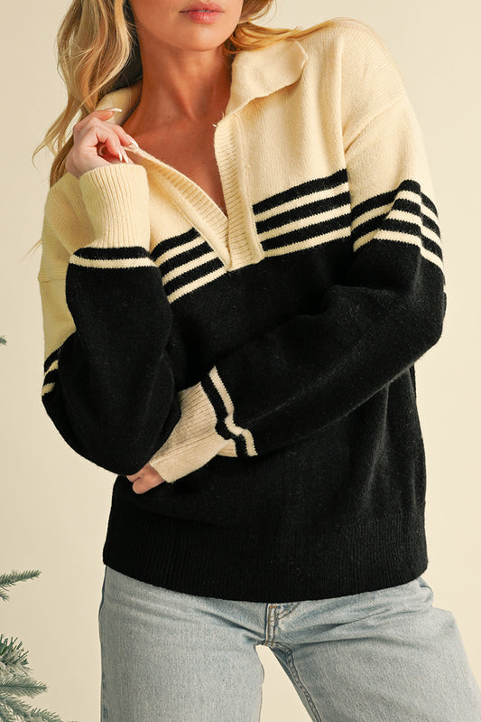 Black Colorblock Stripe Collared V Neck Sweater