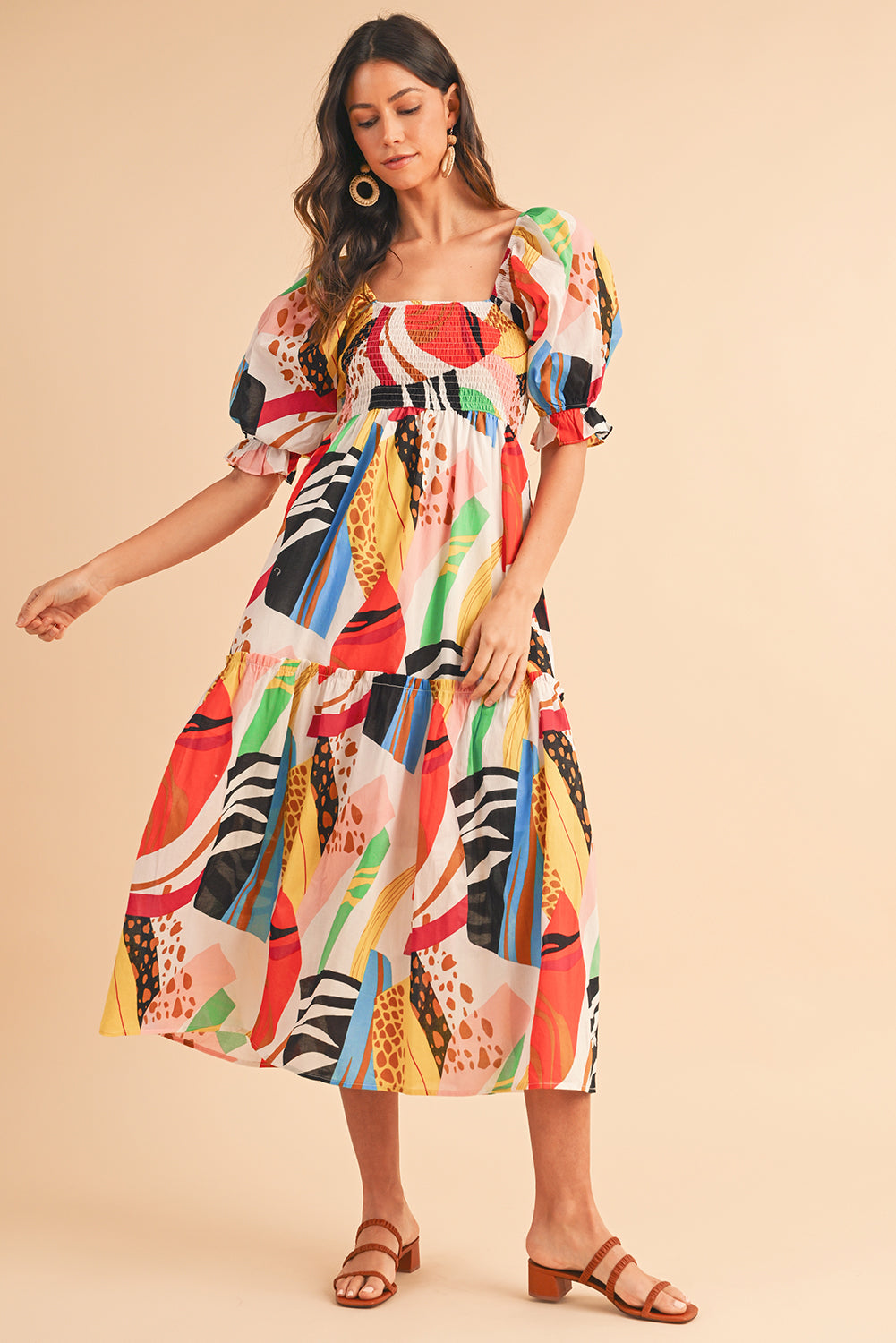 Square Neck Smocked Abstract Print Boho Maxi Dress