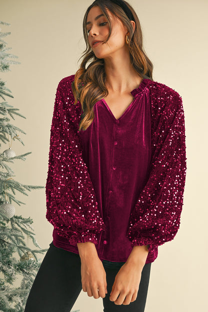 Velvet Sequin Patchwork Sleeve Button Up Blouse