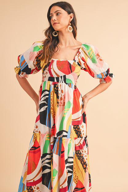 Square Neck Smocked Abstract Print Boho Maxi Dress