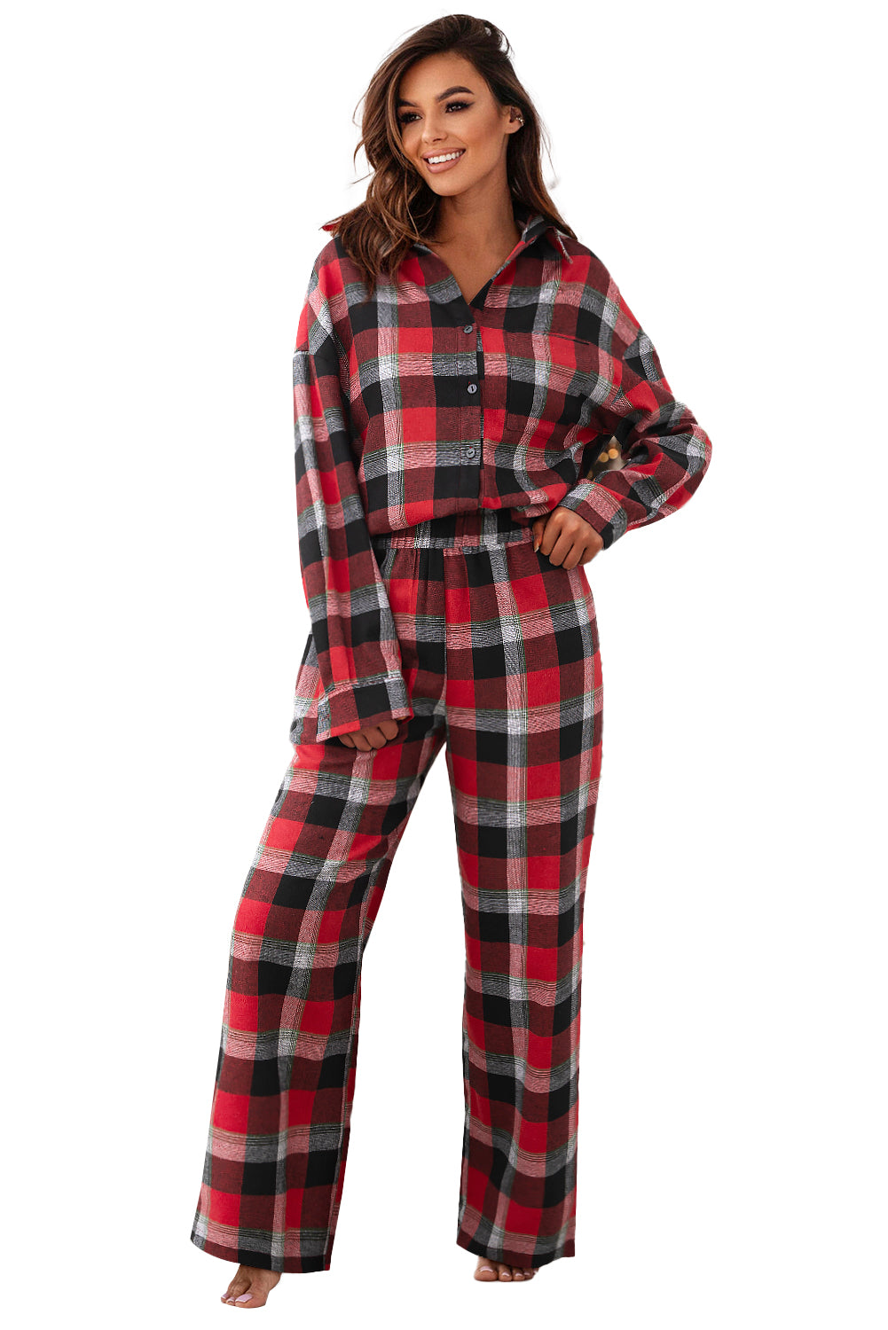 Red Christmas Checkered Pattern Loose Shirt and Pants Pajama Set