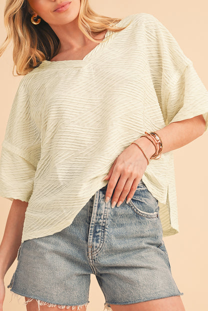 Beige Textured V Neck Split Hem T Shirt