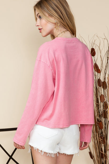 Pink Lace Patch Pocket Long Sleeve Shirt