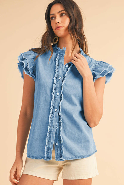 Beau Blue Button Front Ruffled Flutter Frayed Denim Top.