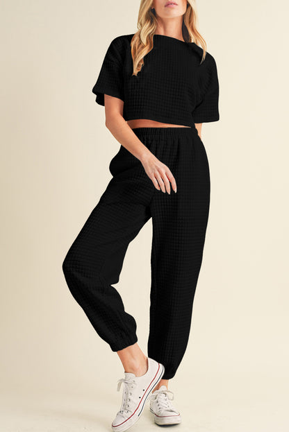 White Lattice Textured Cropped Tee and Jogger Pants Set